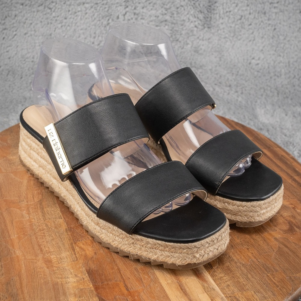 Liz Claiborne Women's Embrook Espadrille Wedge Hook&Loop Sandals Black Tan Sz 9M